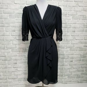 Vintage 80s 90s Ursula of Switzerland Black Surplice Faux Wrap Sheath‎ Dress